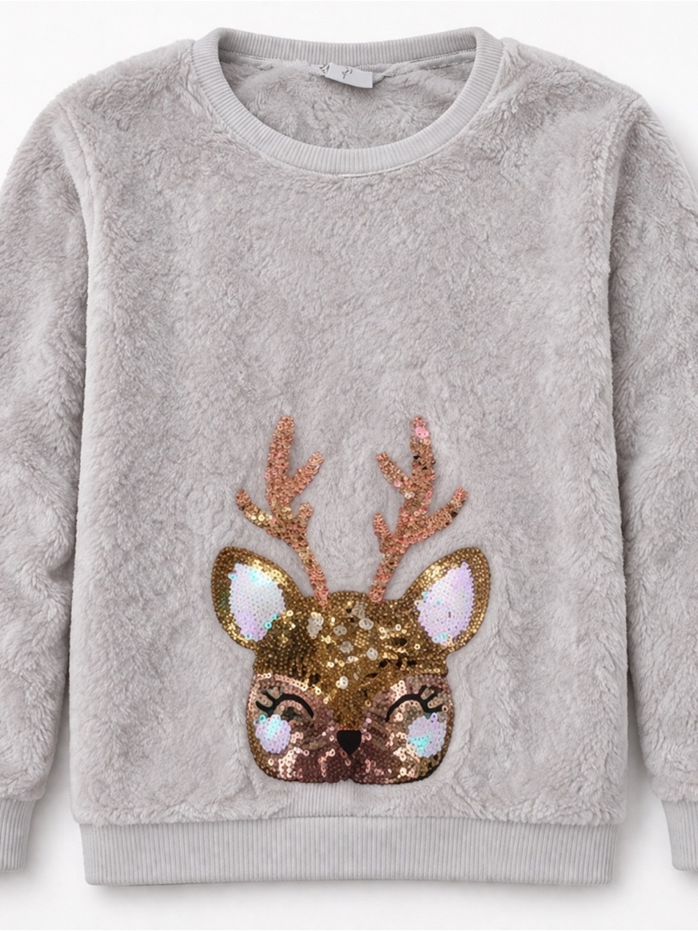 H&M Girls Plush Reindeer Sequin Sweatshirt Holiday Pullover Cream Size 8-10